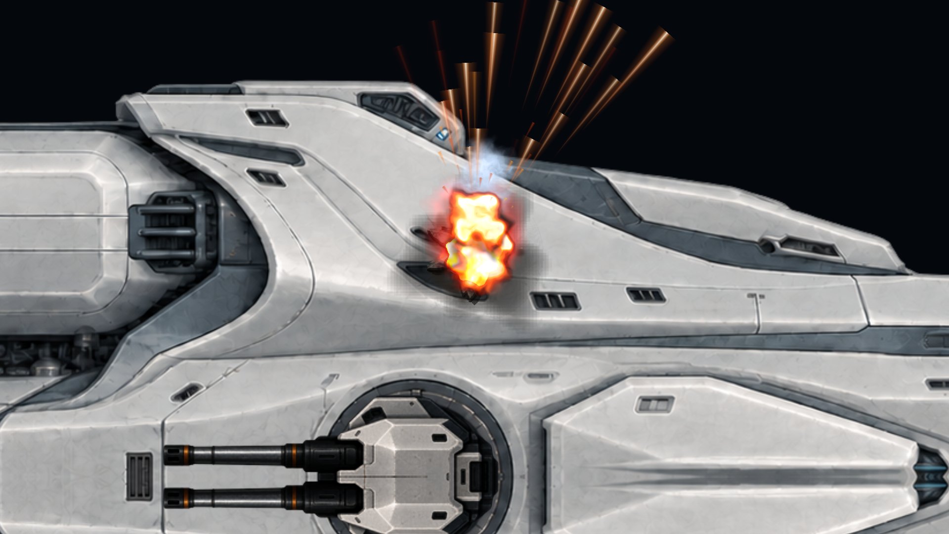 Close-up from the development prototype showing a projectile impact, fire and hull damage on a spacecraft